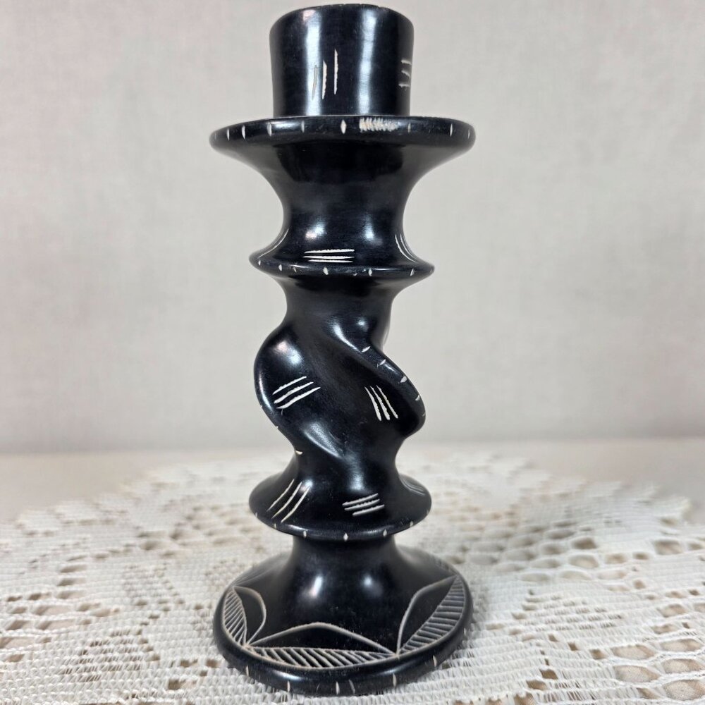 Handcrafted African Soapstone Twisted Candlestick With Leaf Base Design
